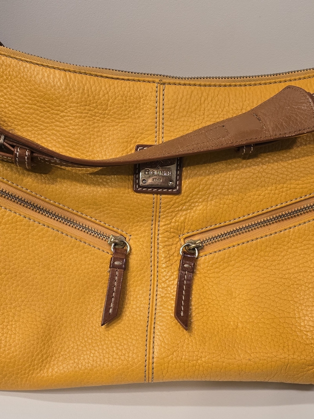 Dooney & Bourke Yellow Pebbled Leather Shoulder Bag with Brown Trim